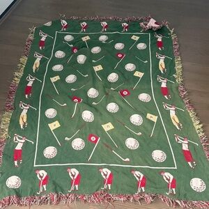 Golf-Pattern Green Woven Throw Blanket with Fringe
